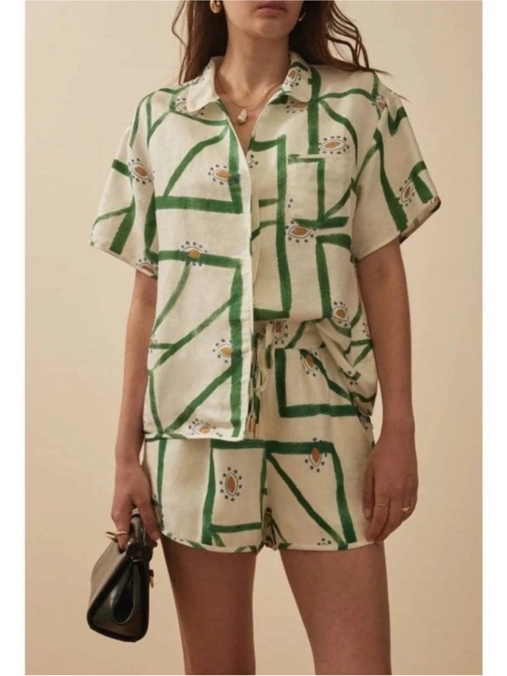 Commense Drawstring Women’s Shorts/Top Set in Cream with Green Print